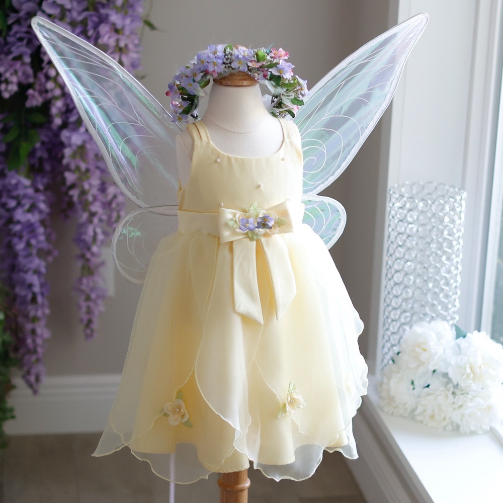 New Yellow Fairy Pixie OR Special Occasion dress w/ Wings Floral Halo size 2T